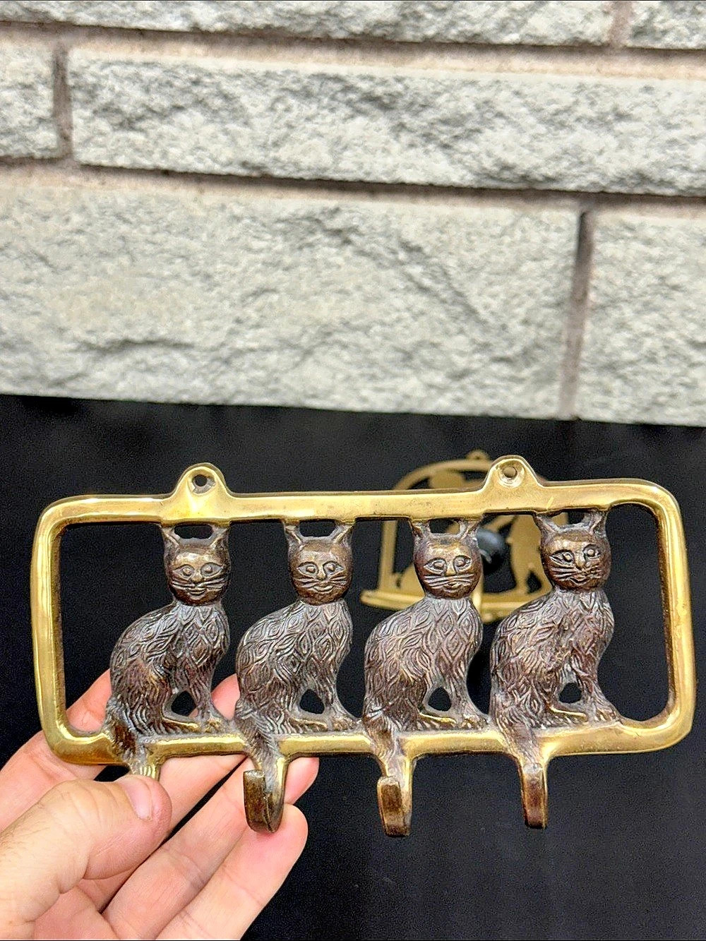 Vintage Brass Cat Wall Hooks Lot of 2 – 4 Cat Key Rack & Woman Feeding Cat – Mad